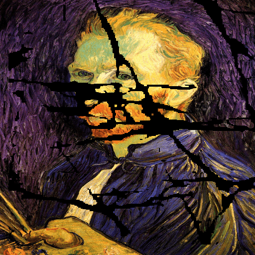 Original oil painting showing central paint damage before restauration preview